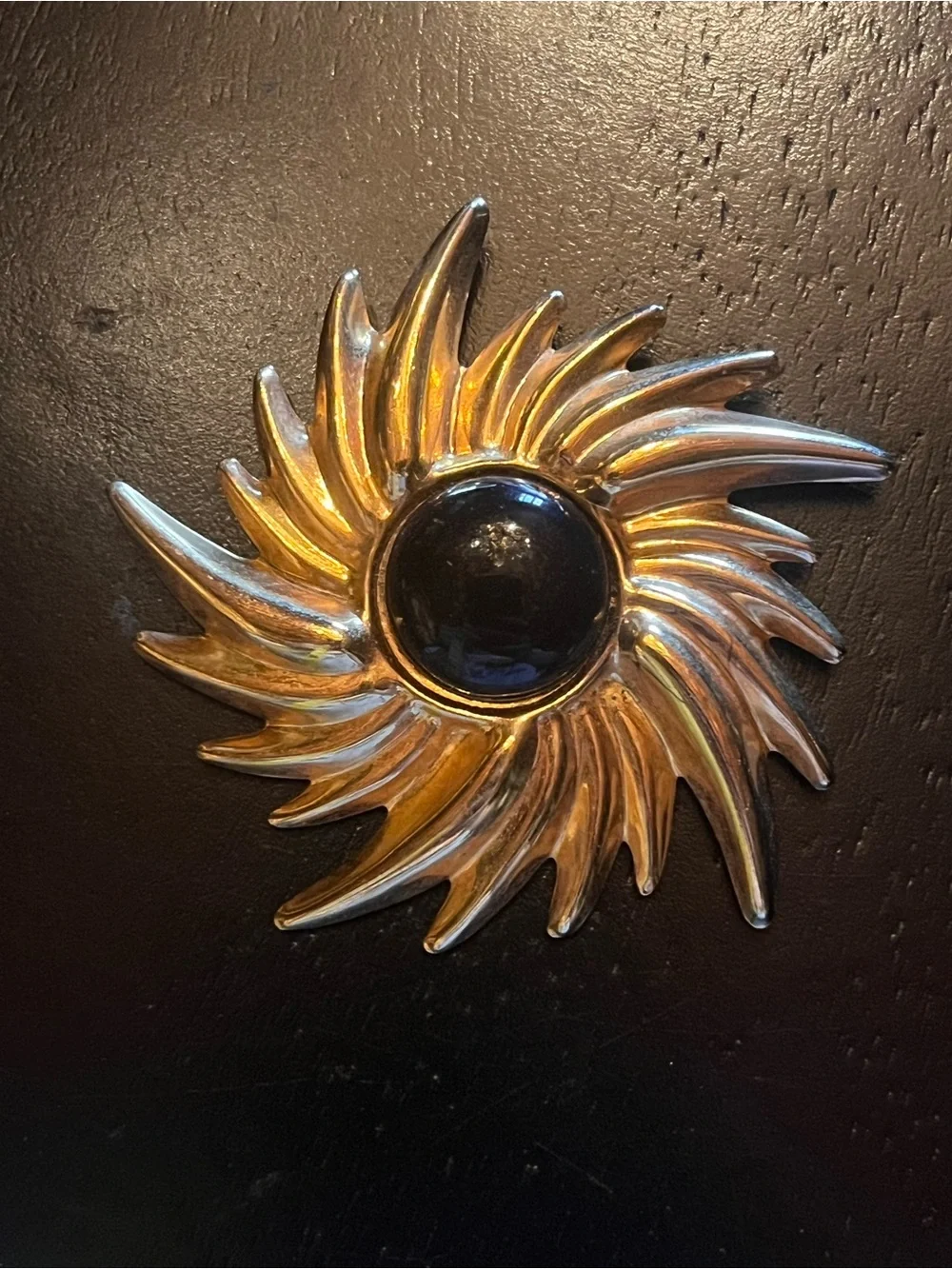 Vintage Sunburst Brooch Pin in Gold with Black Center
